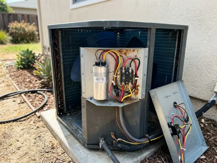 A cylindrical run capacitor mounted inside an open condenser access panel, wired to the contactor beside it.